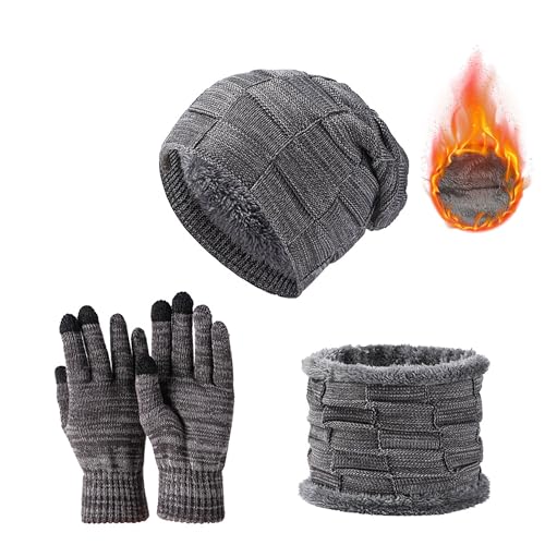 JXCTNNU Set de Bufanda, Gorro y Guantes Invierno Termicos 3-in-1 Conjunto de Punto Bufanda Calentadores Beanie Gorro Táctiles Guantes para Mujeres y Hombres (Gris oscuro)
