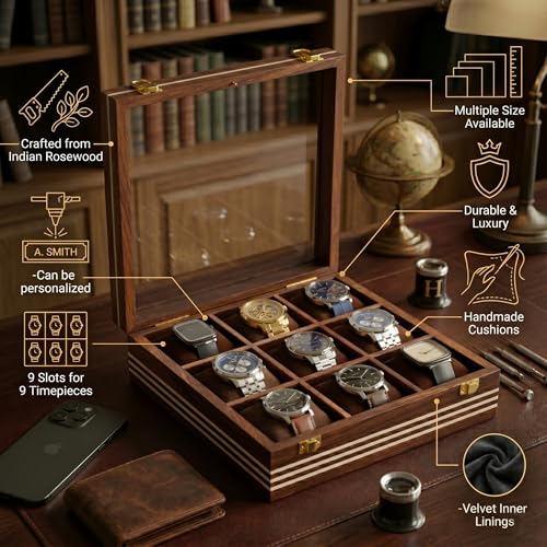 Image of Wooden Watch Box, Storage Organizer, Watch Display Case, Jewelry Holder, Gift for Men & Women - Rosewood Crafted, 3-12 Slots (Nine Slots)