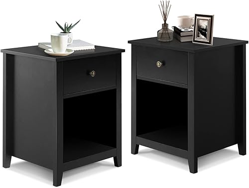 Mesita de noche para dormitorio, juego de 2 mesitas de noche blancas con cajón de almacenamiento y estante abierto, mesita de noche moderna para