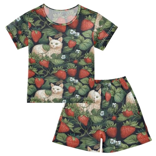 ALAZA Strawberry and Cats Pajama Set Short Sleeve Sleepwear Soft Lounge Nightwear