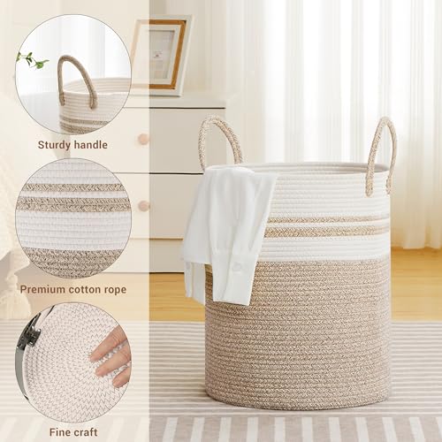 Image of 53L Tall Cotton Rope Laundry Basket with Handles, White & Brown