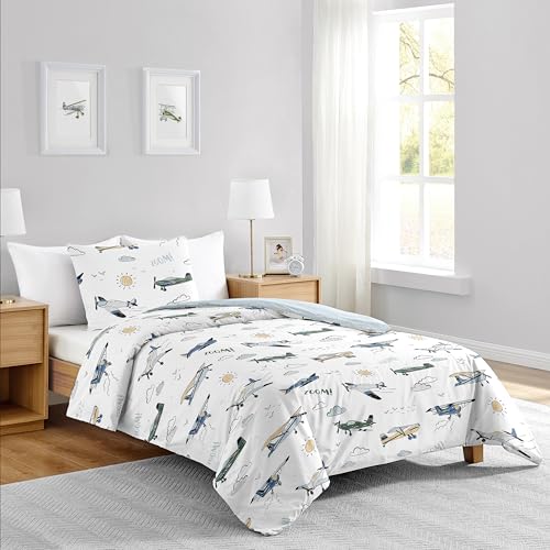 Image of Sweet Jojo Designs 2-Piece Twin Comforter Set (Green Vintage Airplane) for Boys, Children, Kids Bedding, Bed in a Bag incl. Blanket & Pillow Sham (Airplanes, Transportation, Clouds, Sun, Sky, Blue)