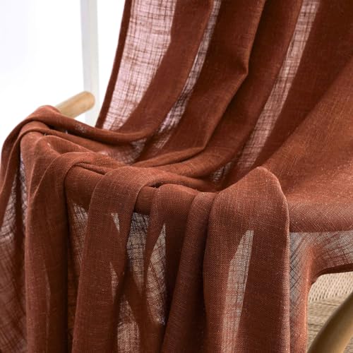MIULEE Burnt Orange Linen Curtains 54 Inch Length 2 Panels for Bedroom Living Room, Soft Thick Linen Textured Short Window Drapes Semi Sheer Light Filtering Back Tab Burlap Look Fall Decorations