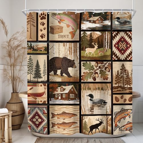 KOMLLEX Rustic Lodge Shower Curtain for Bathroom Decor 60Wx72H Inches Cabin Retro Bear Moose Lodge Vintage Farmhouse Wildlife Leaves Mountain Hill Retro Farm Fabric Waterproof Polyester 12 Pack Hooks