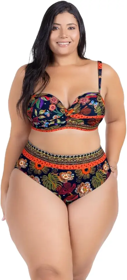 Biquini Plus Size Estampado Calcinha HotPant Modeladora Bojo Alta Sustentação Ajustável + Saída de Praia Lisa De Abotoar