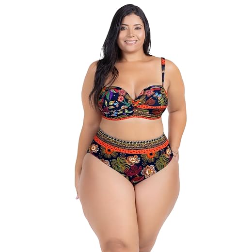 Biquini Plus Size Estampado Calcinha HotPant Modeladora Bojo Alta Sustentação Ajustável + Saída de Praia Lisa De Abotoar