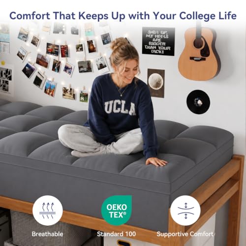 Image of ELEMUSE Twin XL Grey Mattress Topper for Dorm Bed, College Dorm Room Essentials for Girls&Guys, Soft Comfortable Bed Upgrade for Back to School, Apartment&Rental Use