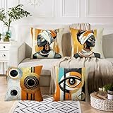 LSMIAO Set of 4, Modern African Art Throw Pillow Cover Set, 18x18 inch, 100% Polyester, Hidden Zipper, Abstract Portrait and Eyes Design, Orange Gold