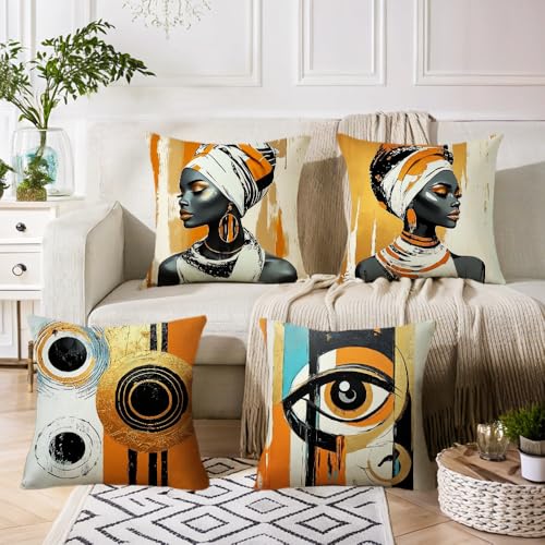 LSMIAO Set of 4 Modern African Art Throw Pillow Cover, 18x18 Inch, 100% Polyester, Hidden Zipper, Abstract Portrait and Eyes Design, Orange Gold
