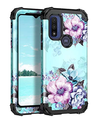 Casetego Compatible with Moto G Power 2022 Case,Floral Three Layer Heavy Duty Sturdy Shockproof Full Body Protective Cover Case for Motorola Moto G Power 2022,Blue Flower