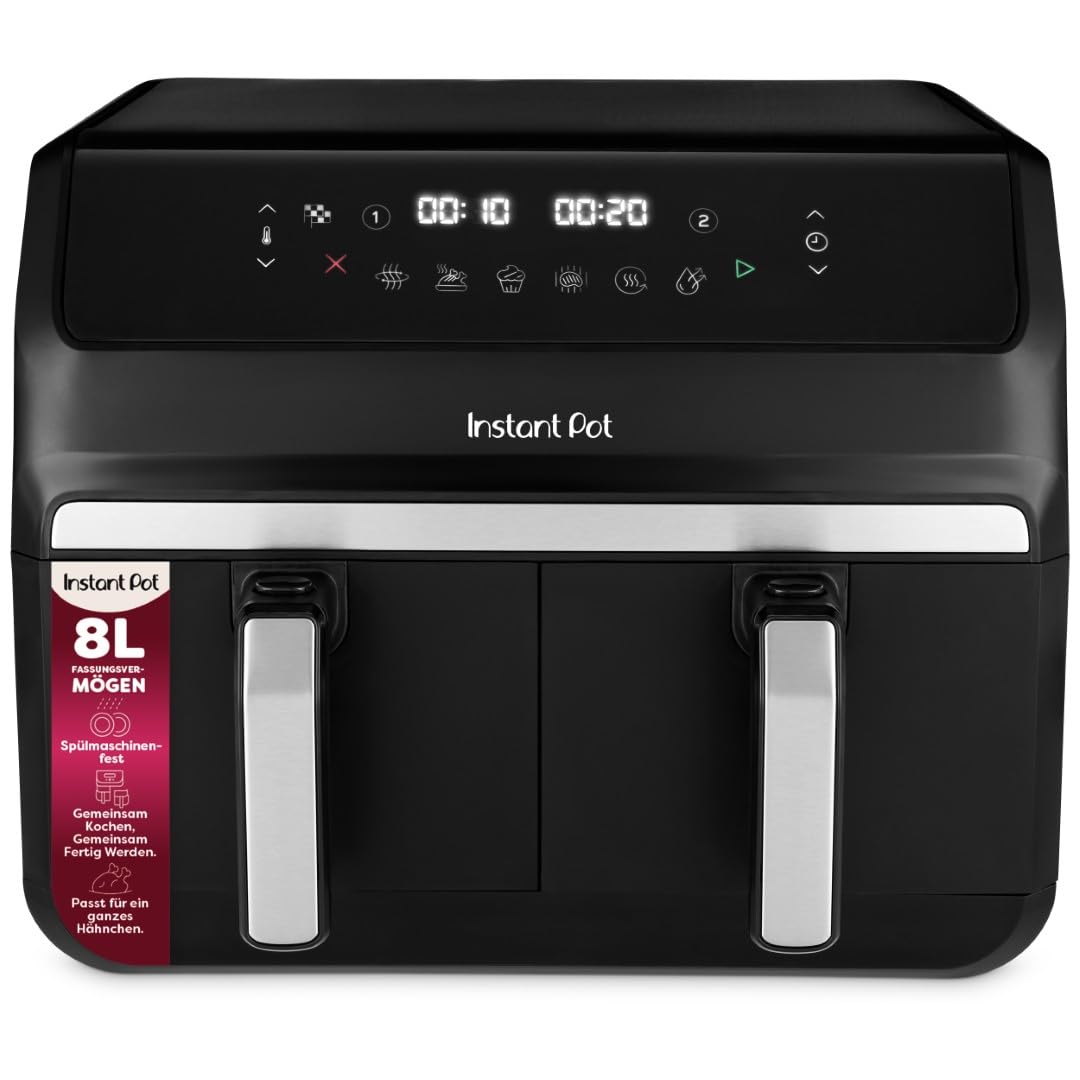Instant Pot – Vortex Dual Black Heißluftfritteuse – Groß 8 l, Familiengröße, zweifach, 2 4-l-Körbe, 8 in 1 – Dörren, Grillen, Backen, Braten, Aufwärmen, Antihaftbeschichtung, Elektrisch