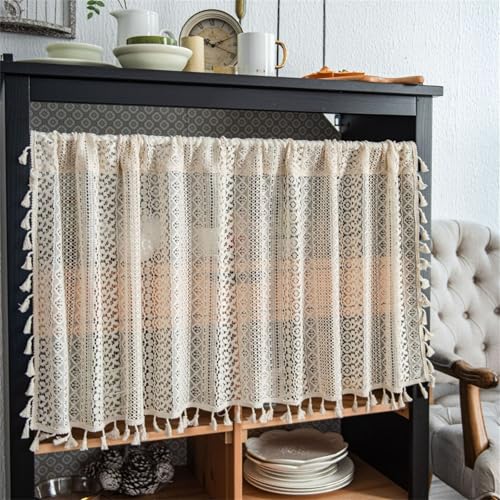 champracer Visillo de estilo rústico, corto, estilo bohemio, corto, aspecto de ganchillo, cortina de algodón con borlas para habitaciones de café (1 silla, 150 x 45 cm)