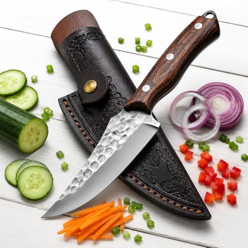Image of Kitchen Chef Knife, 8 Inch, German Stainless Steel Blade with Wooden Handle, Forged, Silver and Brown, with Protective Sheath