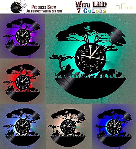 Qianzhou-Uk Led Vinyl Recod Wall Clock African Animals Safari 7 Color Night Lamp Retro Wall Clock, South African Animal Gifts Handmade Home Wall Decor For Living Room Bedroom (B-Led) #TOP3