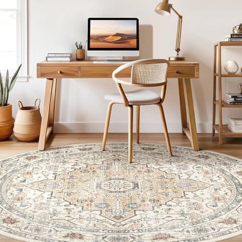 Round Rug Living Room Rugs: 6Ft Washable Boho Neutral Large Circle Soft Indoor Floral Stain Resistant Floor Farmhouse Carpet for Bedroom Nursery Kids Playroom Office Dining Room Dorm Home- Cream Blue