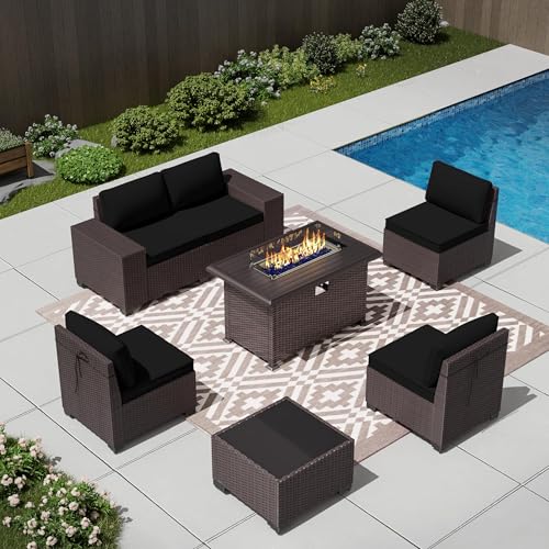 RTDTD Outdoor Patio Furniture Set with Propane Fire Pit Table, 7 Pieces Outdoor Furniture Patio Sectional Sofa Conversation Sets w/ETL Approved 43" Gas Outdoor Fire Table & Coffee Table (Black)