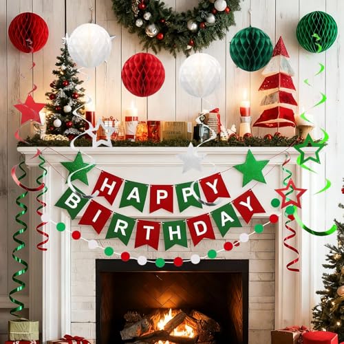 Image of Red Green and White Birthday Decorations,Christmas Happy Birthday Banner with Paper Decor Balls,Stars Hanging Swirl Streamers,Happy Birthday Decorations for Women Men Girls Boys