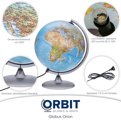 ORBIT GLOBES & MAPS - Leuchtglobus - 30cm Globus mit stabilem Standfuß, Kartenbild 2025 physikalisch/politisch mit LED Leuchte, Aktuelles deutsches Kartenbild, Schülerglobus