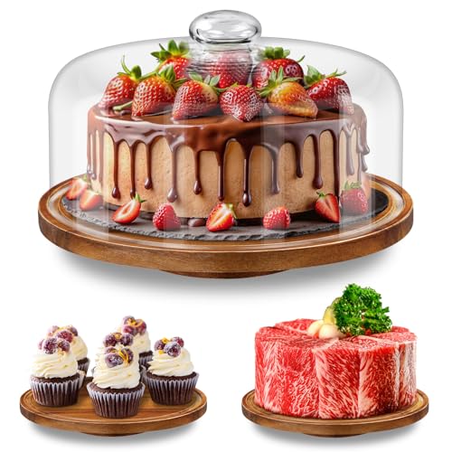 Yangbaga 11IN Wood Cake Stand with Dome Lid, Rotating Cake Stand with Glass Dome- Cake Plate with Cover for Baking Gifts/Birthday Kitchen/Party/Weddings