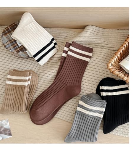 Image of Deeorla Womens Striped Crew Socks Brown Vintage Retro Athletic Socks 5 Pairs