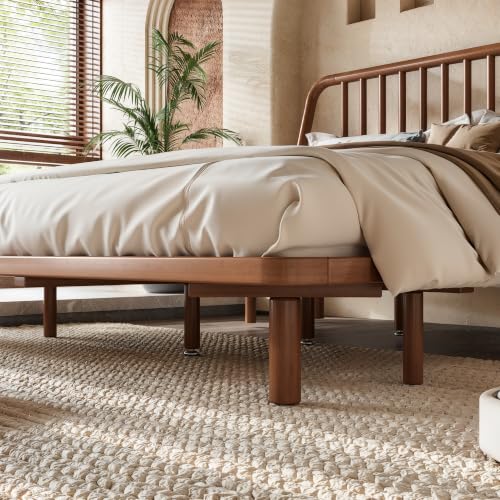 Image of Bellemave Queen Size Bamboo Bed Frame with Slatted Slanted Headboard,Brown