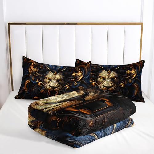Image of Black and Gold Lion Comforter Set Queen Bed Set,Lion Animal Print Bedding Queen Size,with 1 Comforter with 2 Pillow Case,Animal Themed Bedroom Decor