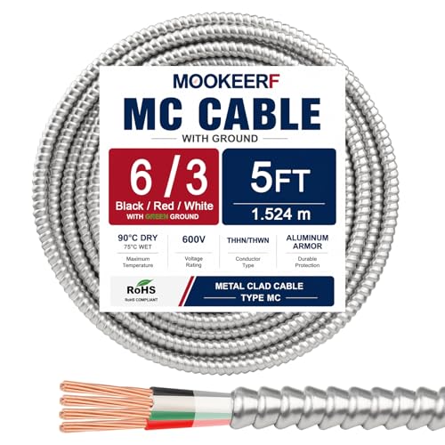 Image of MOOKEERF 6 /3 MC Cable with Ground - 5FT Pure Copper 6AWG /3 Metal Clad Wire with Aluminum Armor 6 Gauge 3 Conductor Type MC Alum Cable Wire