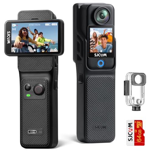 Image of SJCAM C400 4K Vlogging Pocket Handheld Camera, 7H Power, 6-Axis Stabilization Action Camera, 2.29''Touch Screen, Waterproof Body Cam for Travel Vlogging and YouTube Live Streaming (64GB SD Card)