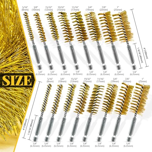 Image of 16-Piece Bore Brush Set - Brass Drill Wire Bore Cleaning Brushes - 1 /4 inch Hex Shank for Power Drills, Impact Drivers, Grinders (8 /10 /12 /15 /17 /19 /22 /25mm)