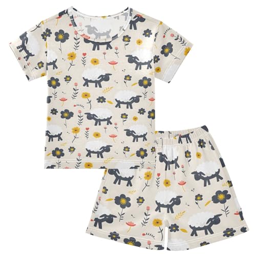 ALAZA Sheep Flower Floral Pajamas Short Sleeve 2 Piece Sleepwear Top and Bottom Pajama Set Unisex