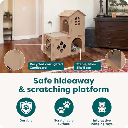 Image of Furhaven Pet Furniture for Cats and Kittens - Tiger Tough Townhouse with Ramp Corrugated Cat Scratcher Playhouse Apartment with Catnip, Cardboard (Brown), One Size