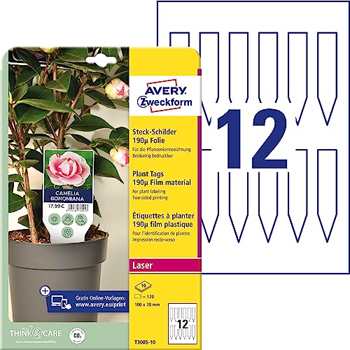 AVERY Zweckform T3005-10 Weatherproof Plug-in Signs Pack of 120 (100 x 20 mm on A4, Printable Plant Signs, Tear-Resistant