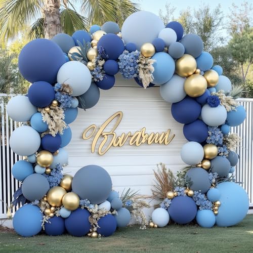 Image of Blocesa Dusty Blue Gold Balloons Arch Kit, Double Stuffed Pastel Balloon Arch Pastel Light Dark Denim Pale Blue Balloons With Blue Gold Balloons for Boy Birthday Wedding Graduation Party Decorations