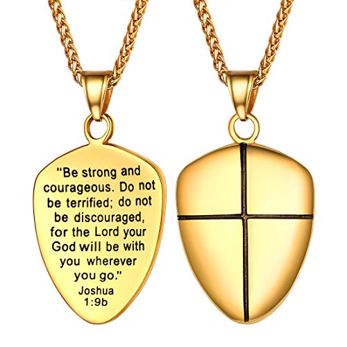 U7 Shield of Faith Pendant Necklace,Stainless Steel Joshua 1:9/Ephesians 6:10 Amulet Necklace for Men Women 3.[Joshua 1:9]-Gold