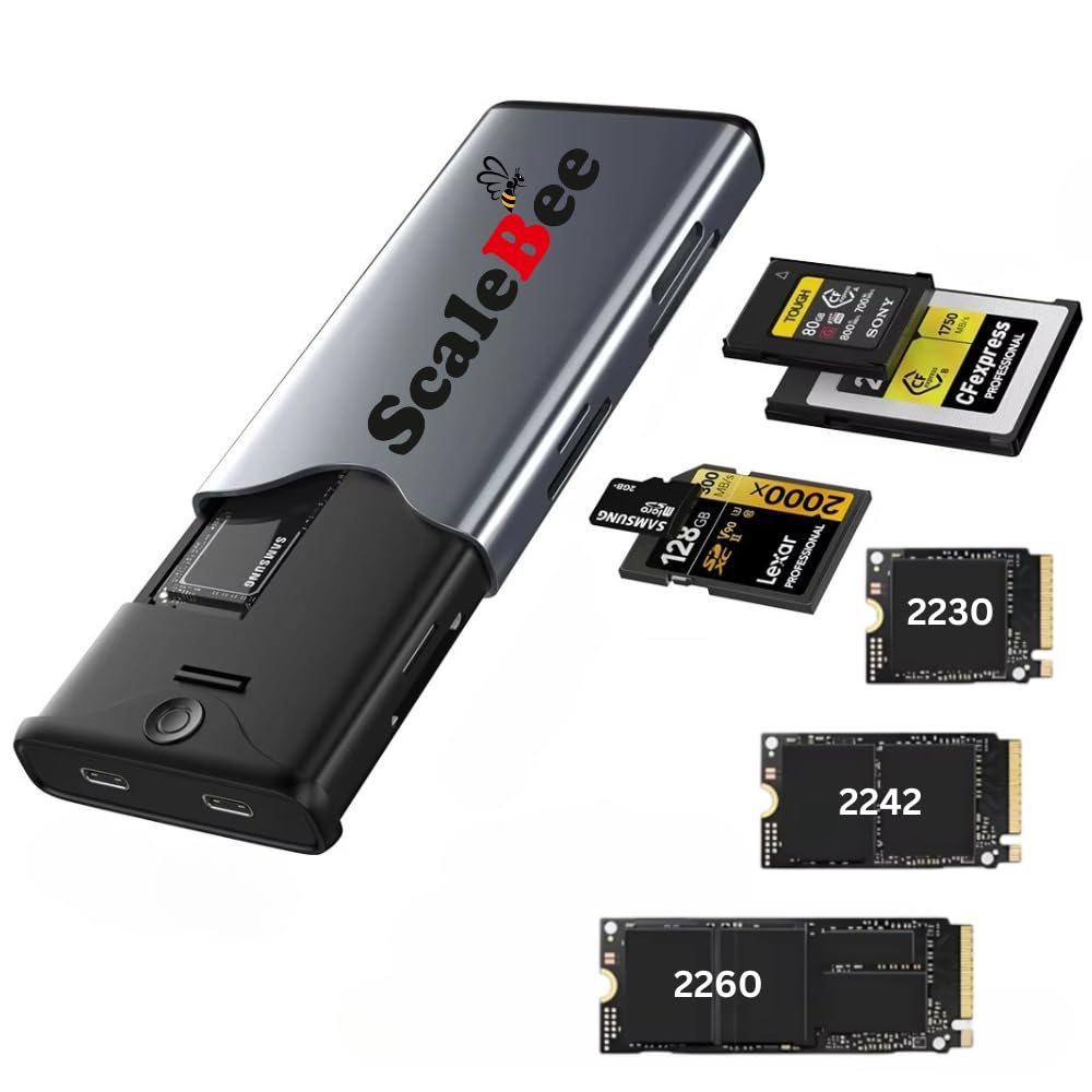 SCALEBEE 6 in 1 CFexpress Type B Type A SD SDXC SDHC MicroSD UHS II Card Reader USB 3.2 Gen 2 with Transfer up to 10GB/s with M.2 NVME SATA SSD Enclosure Compact Slim Metal Body with Type C Cable