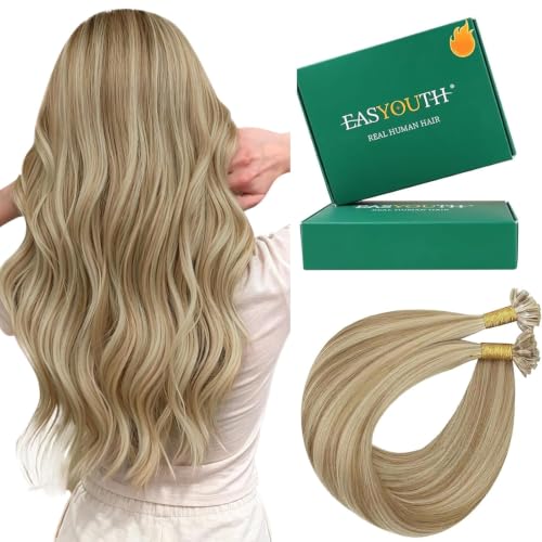 Image of Easyouth 20 Inch U Tip Human Hair Extensions Blonde, Hot Fusion Hair | Highlight U Tips Hair Extensions, 50G 50S, Dark Ash Blonde with Golden Blonde, Professional Salon Recommended