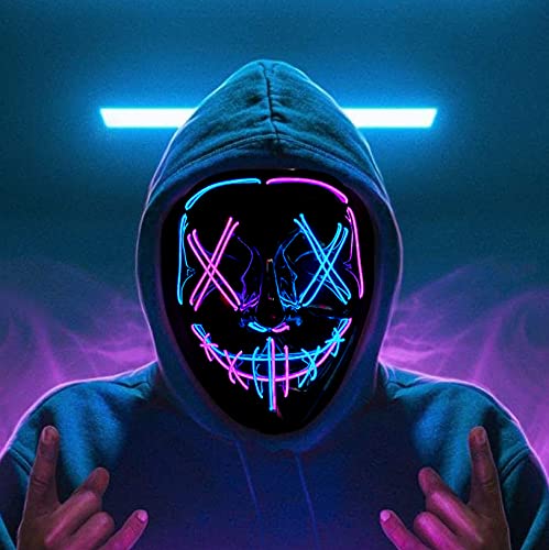 Photo 1 of 2 BUNDLED ITEMS - Halloween Purge Mask LED Light up Mask Cosplay LED Costume Mask for Men Women Kids Halloween Costume Festival Party Supplies Purple-blue; AND, Active 365 Sweat Bands for Wrists Travel Wallets for Women | Wrist Pouch with Zipper | Wristba