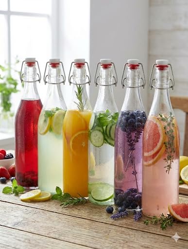 1 Litre Glass Bottle Set with Airtight Flip Cap | Borosilicate Leakproof Fridge Water Bottles for Home, Milk, Juice, Detox Drinks (Pack of 2)