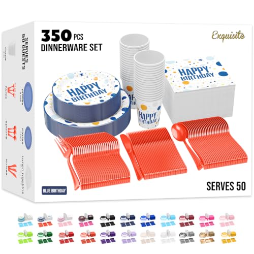 Image of Exquisite 350 Pcs Blue Happy Birthday Plates and Napkins Set, Blue Birthday Plates Set, 50 Of Each 9 inch Dinner Plate, 7 inch Dessert Plate, 12 oz Cups, Napkins & Cutlery Plastic Dinnerware Set Set