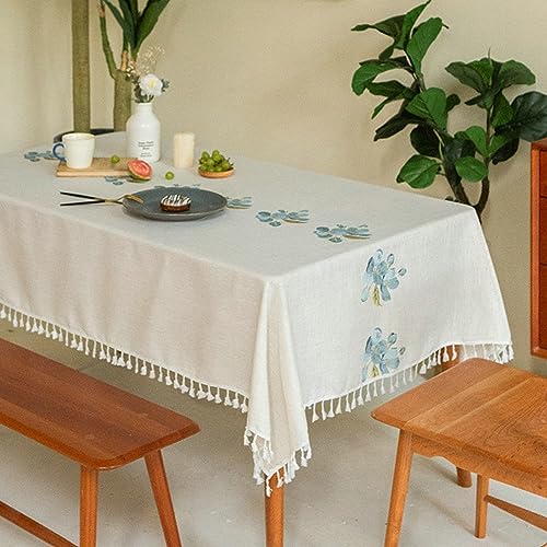 Nappe de table fleur brodée bleue en coton et lin premium pour décoration chic