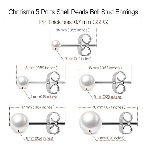 Charisma 3-7mm Composite Pearl Earrings Round Ball Pearls Stud Earrings Hypoallergenic 5 Pairs Mixed Sizes Imitation Pearl Earrings Set for Women4