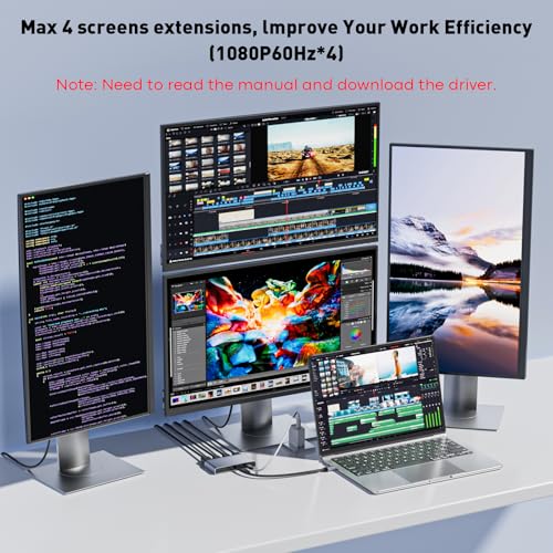 Image of Reborn USB 3.0 to Quad HDMI with DisplayPort Adapter, 1080p@60Hz USB Type-A to 4 Monitor Converter, External Video Graphics Card, HDMI Splitter Extended Display for Mac /Windows for Laptop, Desktops
