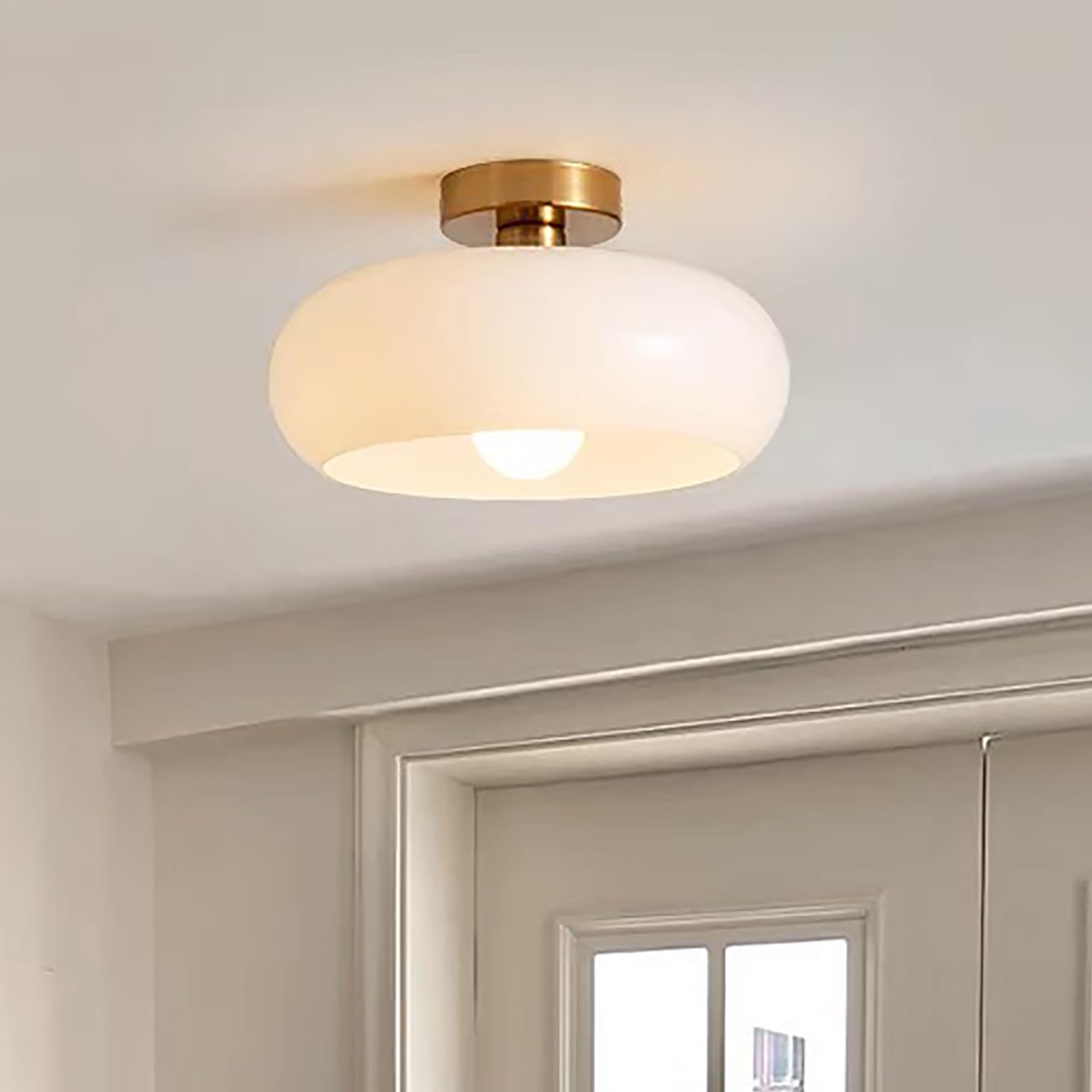 KHUKHU Vintage School House Ceiling Light,Milk Glass Ceiling Light Fixture,Modern Hallway Light Fixtures,mid Century Semi Flush Mount Ceiling Lamp for Entryway Kitchen Bathroom Laundry(B,28cm/11)