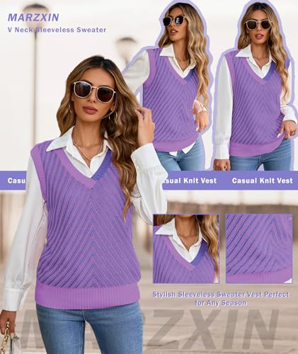 Image of MARZXIN Women Sleeveless Sweater V Neck Casual 2026 Fall Knitted Chevron V Neck Sweater Vest Color Block Pullover Sweater Top