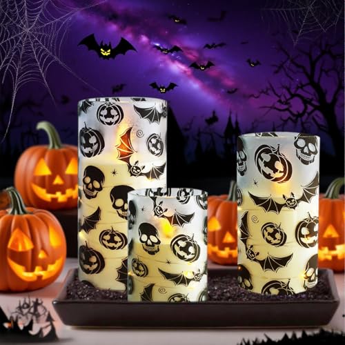 Image of Flickering Flameless Candles Halloween Bat Embedded Star String Lights, Battery Operated Acrylic LED Pillar Candles with 11-Key Remote and Timer for Home Decoration, 3 Pack