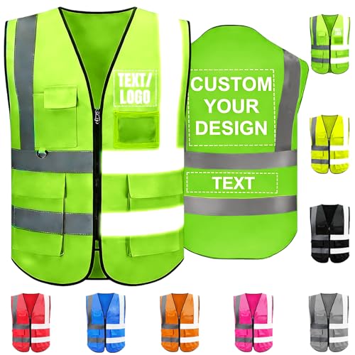 longnili Chaleco de seguridad personalizado con logotipo, diseño reflectante de alta visibilidad con múltiples bolsillos (azul oscuro) (Verde oscuro)