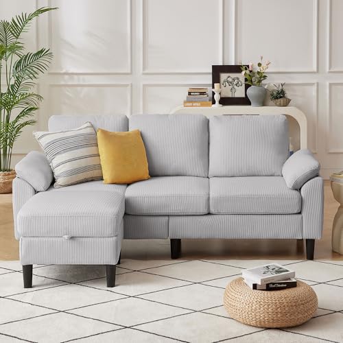 Image of 80''L Shaped Sectional Sofa Couch, 3 Seater Corduroy Sofa with Storage Ottoman, Removable & Washable Cushion Covers, Side Pockets, Modern L Couch for Living Room, Light Grey
