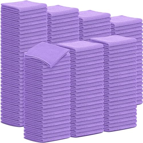 Image of Tenare 100 Pack 12'' x 12'' Microfiber Cleaning Cloths Reusable Cleaning Rags Bulk Microfiber Towels Softer Highly Absorbent Washcloths for House Kitchen Car Window(Purple)