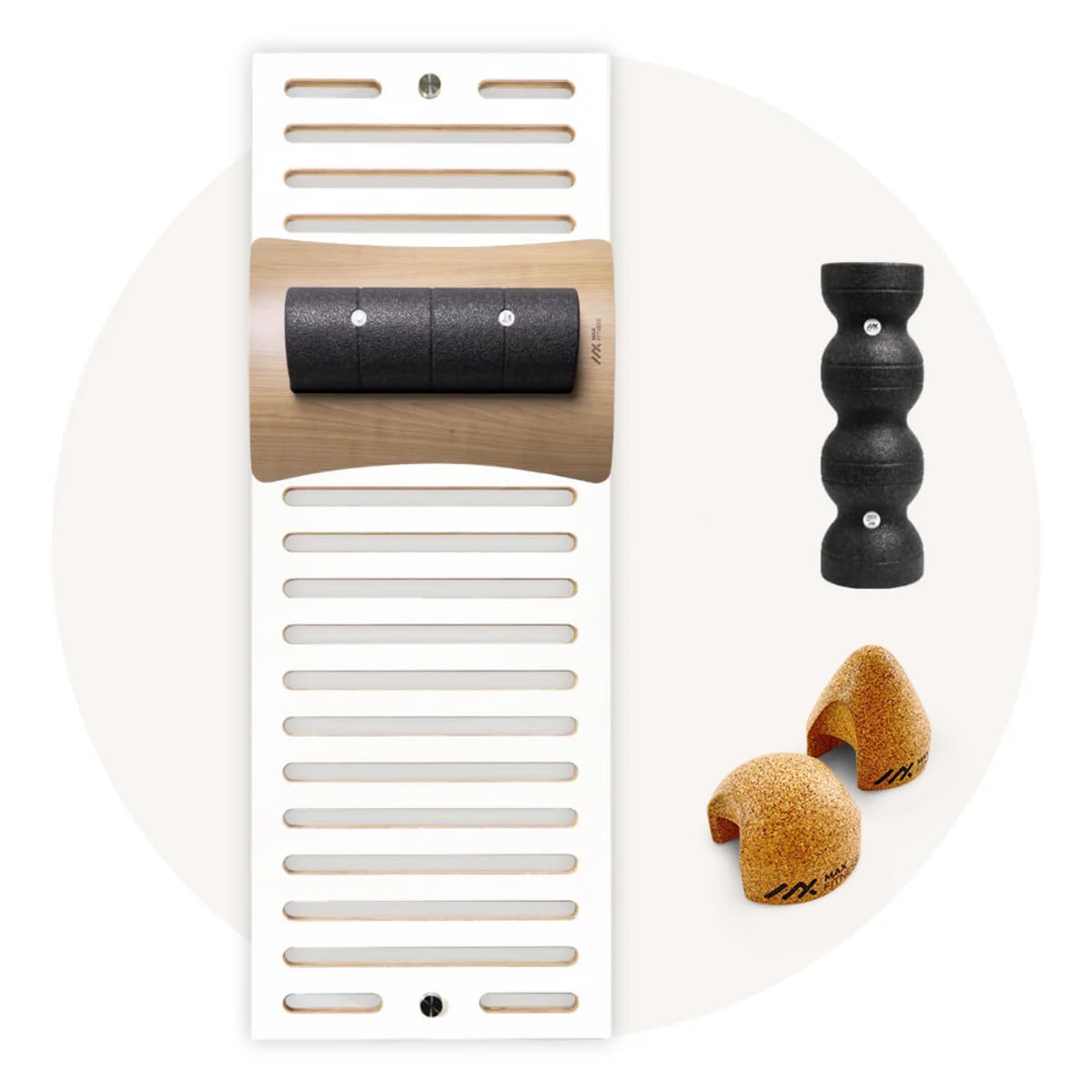 MaxFitness Faszien Set Advanced – Komplettset zur Faszienmassage mit Wandhalterung, PickUp Faszientrainer, 2 Faszienrollen & TriggerDuo – für Rücken, Nacken, Beine & Ganzkörpermassage (Weiß)
