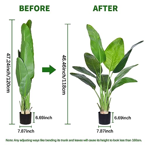 Artificial Bird of Paradise Plant, Fake Tree with Realistic Leaves and Durable pots, Adjustment-Free Branches Artificial Tree for Indoor Outdoor Home Decor (4FT&5FT 2Packs)